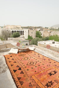 Large Warm toned terracotta Vintage Boujad Moroccan rug with black and ochre motifs