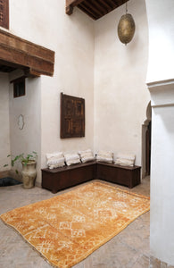 Henna dyed vintage Moroccan rug with white motifs