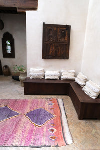 Authentic vintage Boujad wide runner purple Moroccan rug central lozenge shapes