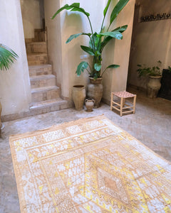 Large vintage Moroccan Rug beige and ivory base with yellow motifs