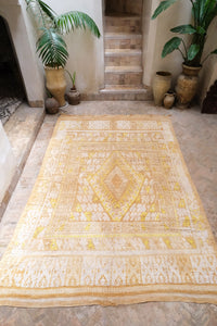Large vintage Moroccan Rug beige and ivory base with yellow motifs